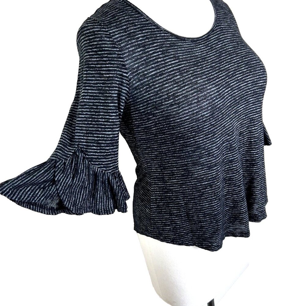 Style & Co - Women's L Blouse Grey Navy Stripe 3/4 Sleeve Scoop Neck Oversized